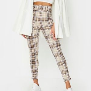 PrettyLittleThing Stone Check Belted Skinny Pants — Brown & Cream
